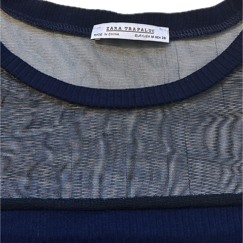 Zara Navy Mesh Panel Long Sleeve Top With Flared Cuffs Size M - Picture 5 of 7